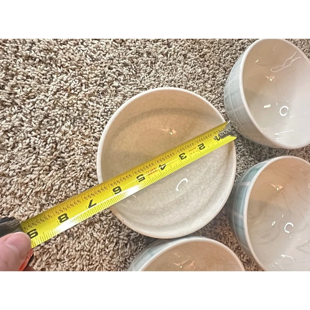 Pier 1 Checkerboard Stoneware Bowls Set of 4 Light Blue White Crackle Glaze 6.25